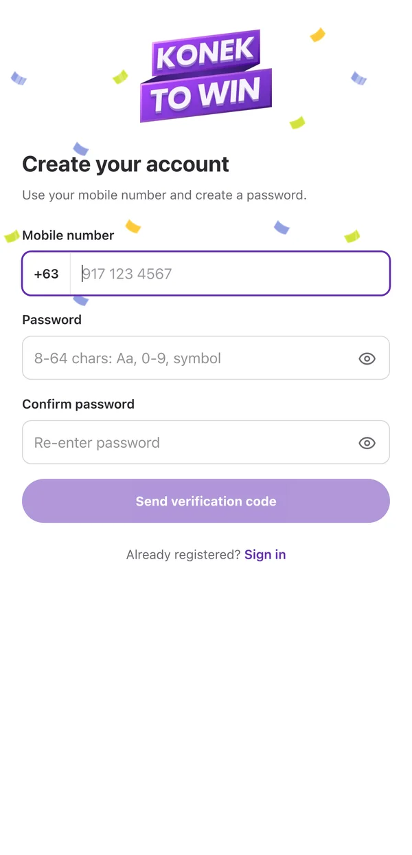 The KONEK create-account screen, asking for a mobile number and a password