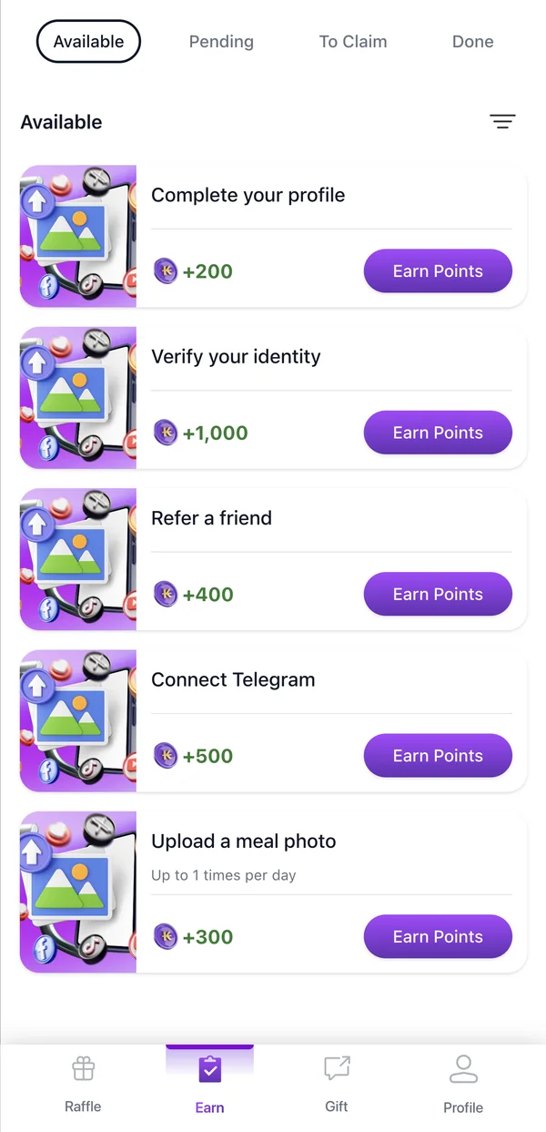 The KONEK task list, with tasks such as completing your profile and referring a friend