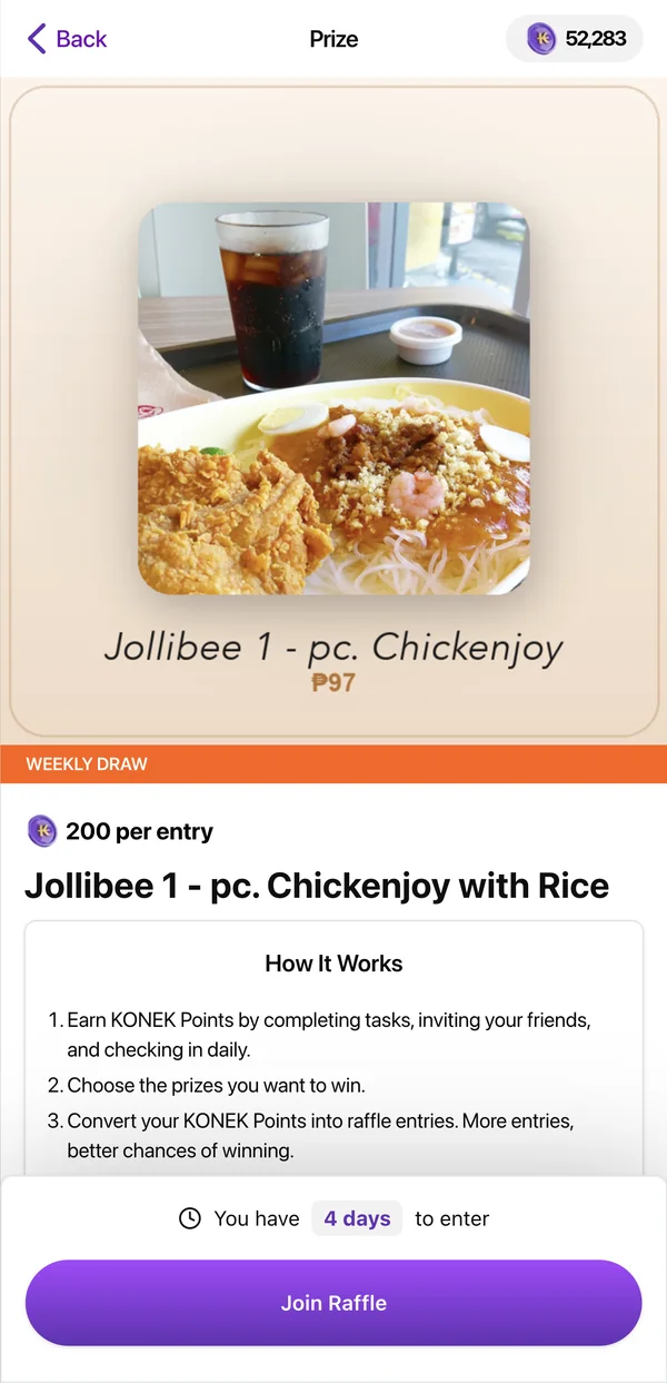 A KONEK raffle page for a Jollibee Chickenjoy meal, with a Join Raffle button