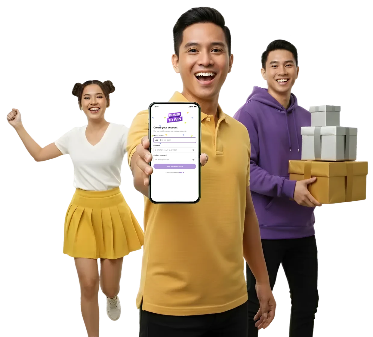 Three KONEK users celebrating, one holding up the KONEK app